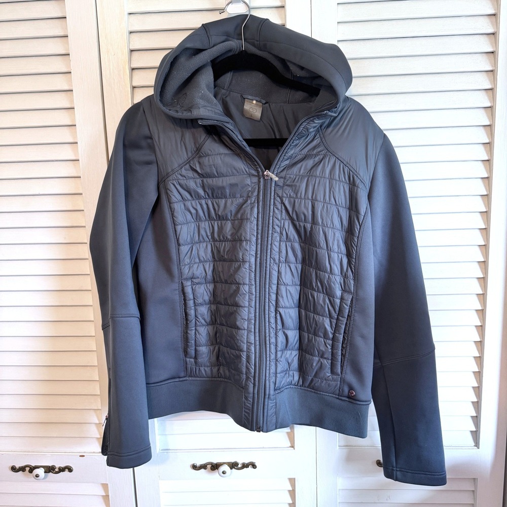 Calia Jacket Hybrid Puffer Hooded Large Gray Womens Activewear Athleisure Zip Up